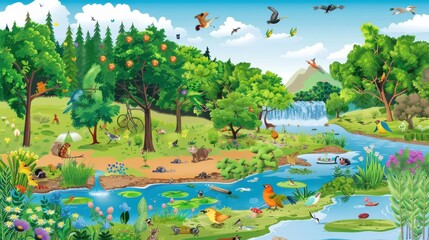 Obraz premium Vibrant forest landscape with diverse wildlife and flowing river in a serene setting