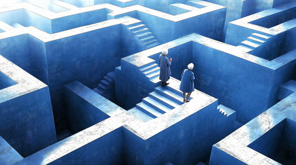 Senior women exploring complex blue maze with stairs, symbolizing challenges of aging