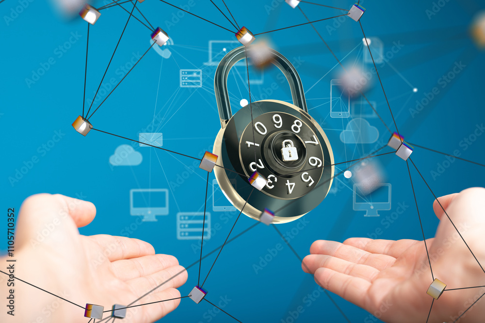 Poster Security Shield concept, data protection. Shield with dots and lines connectio