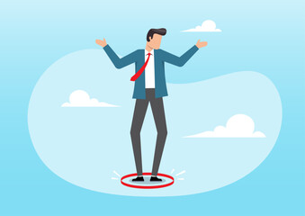 Frustrated businessman standing uncomfortably in small red circle