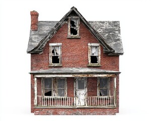 With a damaged roof, broken windows, and crumbling walls, a brick house stands alone on a white background.