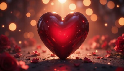 Romantic Background Image with Glossy Red Heart on Textured Surface, Illuminated by Warm-Toned Bokeh Lights - Perfect for Party Decor, Love Cards, Birthdays and Special Events