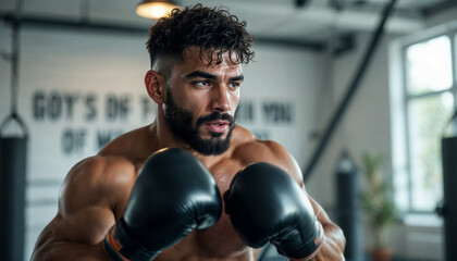 Focused boxer warming up with a jump rope in a gym, sweat glistening and motion blur emphasizing the intensity of the exercise.