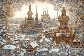 Obraz premium fantastic winter city with ornate buildings and domes. The city is designed in a decorative and detailed style, reminiscent of fairy-tale illustrations. 