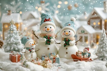 Family of snowmen holding holly and mistletoe, with presents, sleds, and falling snowflakes, colorful winter scene with white Christmas trees and houses in the background. Photorealistic holiday desig