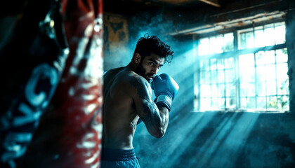 Triumphant boxer standing in the ring with raised arms, spotlight illuminating him as a cheering crowd blurs in the background.