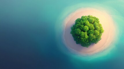 Aerial View of a Serene Tropical Island with Lush Greenery Surrounded by Crystal Clear Blue Water and Soft Sandy Beach, Offering a Perfect Escape to Paradise