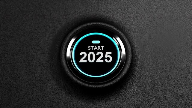 Finger about to press a car ignition button with the text 2025 start.happy new year 2025 start new project.concept of start with strategy,win,plan,goal and objective target
