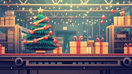 Must-haves for building a Santa Claus factory for the holiday season. A set for a Christmas workshop featuring toys, gift-wrapped boxes, an automated conveyor belt, a gift bag, a tree, and a clock.