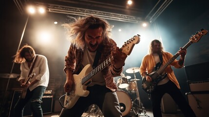 Obraz premium Rock band performing on stage with energetic musicians playing electric guitars and drums under bright stage lights and smoke effects, emphasizing intense musical performance.