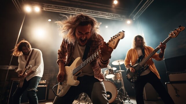 Rock band performing on stage with energetic musicians playing electric guitars and drums under bright stage lights and smoke effects, emphasizing intense musical performance.
