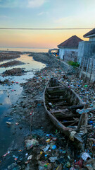 Water pollution due to human activities around downstream rivers and seas. damaged boats stranded...
