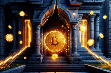 An elaborate entrance to a cryptocurrency mine, featuring a large golden Bitcoin coin and numerous small golden coins floating around it.