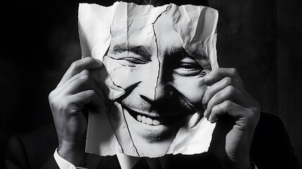 Man Tears Away A Smiling Face Mask Revealing True Emotions