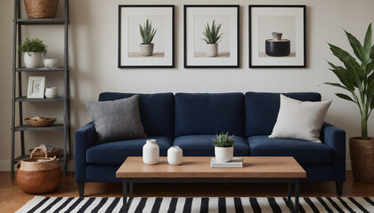 Fototapeta premium A modern living room with a sofa against a soft colour wall featuring vertical poster frames in wooden frame borders 3d illustration template