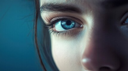 Eyes reveal immense emotion and depth, captivating with their vibrant hues and intricate details, set against a serene blue backdrop.