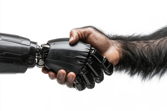 Handshake between a prehistoric man and a man of the future, the concept of human development