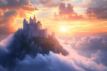 A beautiful fairytale castle sits atop a misty mountain, highlighted by golden sunlight breaking through colorful clouds, creating a dreamlike scene at sunrise.
