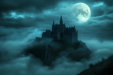 A stunningly dark, gothic castle surrounded by thick mist amidst a dense forest, under an ominously glowing full moon, evoking a sense of intrigue and mystery.