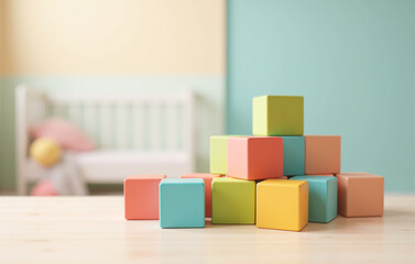 A set of colorful wooden toy blocks are neatly arranged on a light wooden surface