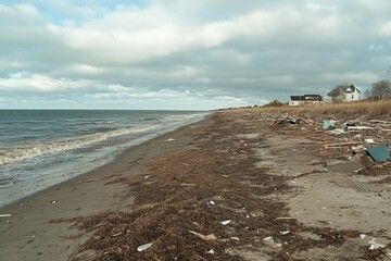 A rural coastal scene showcasing a sandy beach littered with debris, revealing the environmental challenges faced by less urbanized areas, under clear skies.