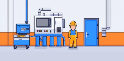 A conveyor belt and assembly machine in a factory, plant, or warehouse. A modern cartoon depiction of a workshop production line with automated machinery and engineering equipment in a manufactory.