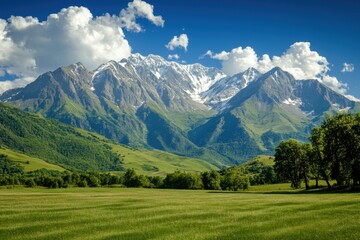 Fototapeta premium Majestic mountain range under a bright blue sky captures the essence of nature's beauty