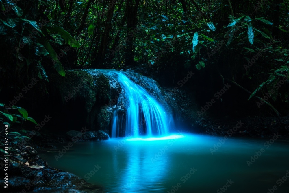 Poster A calming waterfall cascades into a small pool surrounded by dense foliage, lit with an ethereal blue glow, creating a tranquil and enchanting forest scene.