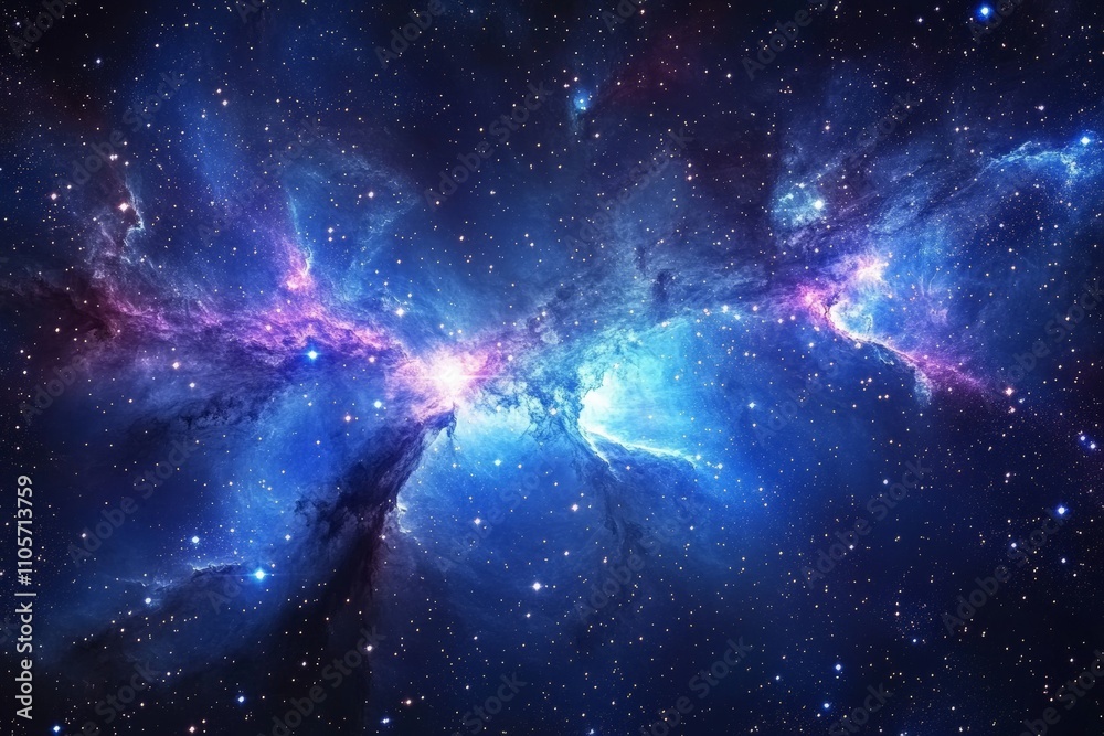 Poster a mesmerizing cosmic scene with blue and violet nebulae accented by radiant stars, creating a stunni