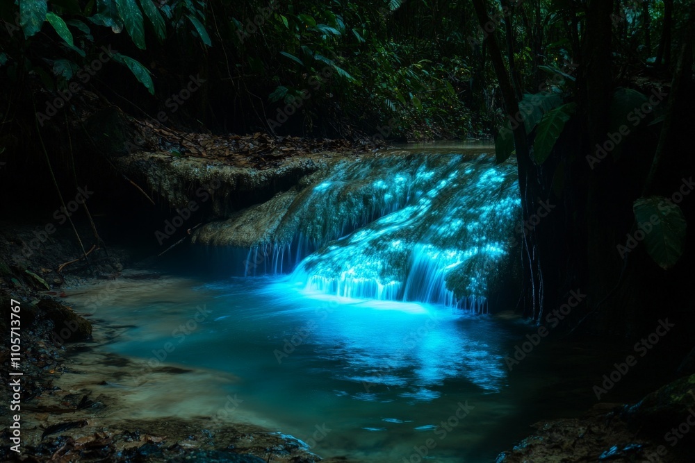 Poster A captivating waterfall scene featuring glowing luminescent waters hidden deep in the forest, creating an enchanting and magical atmosphere amidst the greenery.