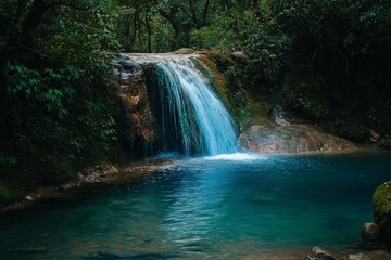 Obraz premium A tranquil forest scene with a gentle waterfall cascading into a clear blue pool, surrounded by lush green foliage, exuding calmness and natural beauty.