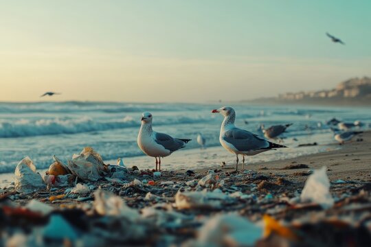 Two seagulls stand on a littered beach at sunset, highlighting themes of nature affected by pollution and the need for environmental awareness in coastal ecosystems.