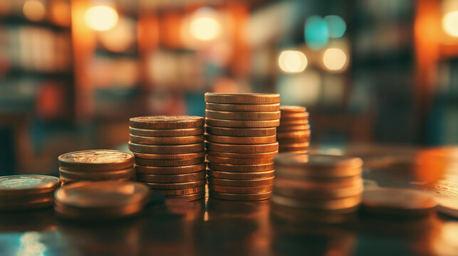 Coins rise like aspirations within a cozy library, symbolizing wealth accumulation, ambition, and the pursuit of financial knowledge.