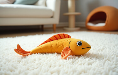 A brightly colored cat toy, shaped like a fish, rests on a soft white rug