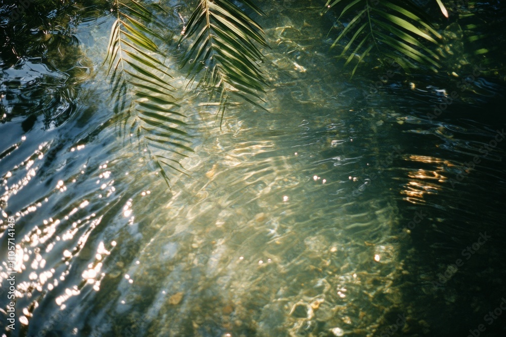 Poster Palm fronds cast shadows on a shimmering water surface, creating a serene and natural ambiance that emphasizes tranquility and connection with nature's elements.