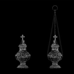 censers hand drawing vector isolated on black background.