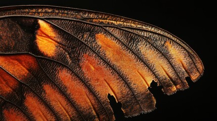 Close-up of a Vibrant Butterfly Wing with Intricate Textures and Rich Colors Displaying Orange and Brown Patterns Against a Dark Background