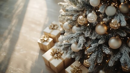 Christmas tree with gifts in sunlight.