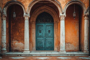 Fototapeta premium The reflection of a classic blue European doorway against a brick red wall.