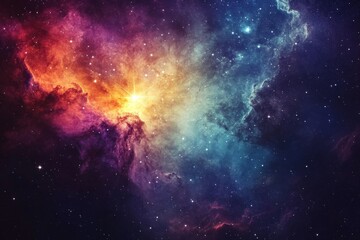 Obraz premium A vivid cosmic cloudscape with swirling clouds of color and dense clusters of stars, illustrating the turbulence and splendor of the universe's vast mysteries.