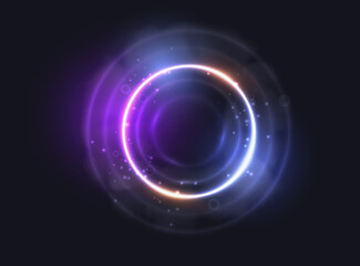 Abstract glow sparkling neon ring background. Shine round frame with light circles, smoke fog, sparks and blue and purple light effect. Vector glowing flare round Christmas banner on black background