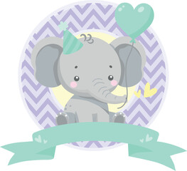 Fototapeta premium Cute Elephant With Heart Balloon Decorative Paper Birthday Party Baby Shower