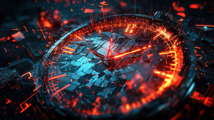 Obraz premium shattered stopwatch with glowing red and blue fragments, showcasing intricate details and futuristic design. vibrant colors create striking visual impact