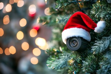 Obraz premium A surveillance camera cleverly placed in a tree is adorned with a Santa hat, symbolizing the fusion of nature and technology during the festive holiday season.