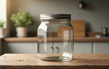 A blank, transparent glass jar with a metal lid sits on a rustic wooden surface, its clear body ready for branding