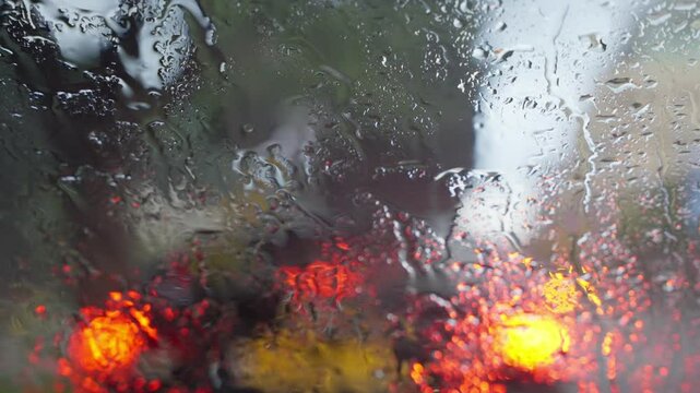 Close up on rain drops falling on car windshield in winter day in city street. View from inside vehicle as raindrops fall. Standing in traffic during rainy conditions of weather. Defocused background