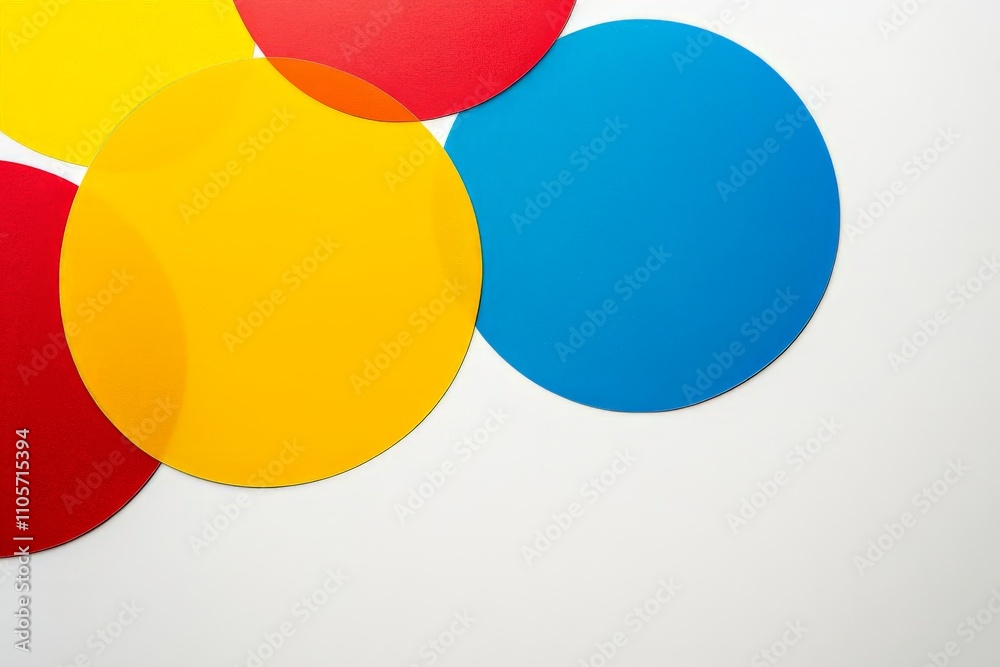 Poster abstract composition of overlapping large circles in vibrant blue, yellow, and red hues, set against