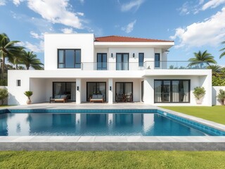 Fototapeta premium Contemporary house exterior with sleek design and swimming pool, architecture, pool, contemporary