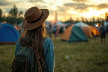 Enjoying a sunset at a vibrant outdoor festival with tents and lively crowds
