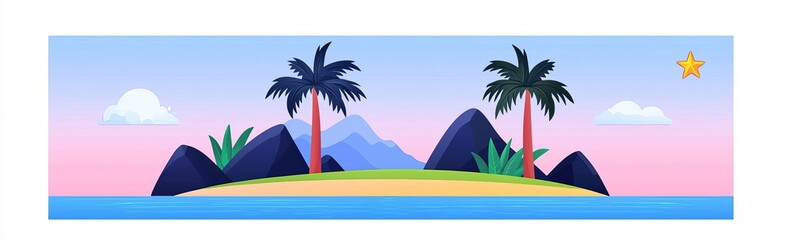 Obraz premium A panoramic background for a cartoon game, depicting a secret pirate island with a beach, palm trees, jungle lianas, and rocks in the ocean under a cloudy sky.
